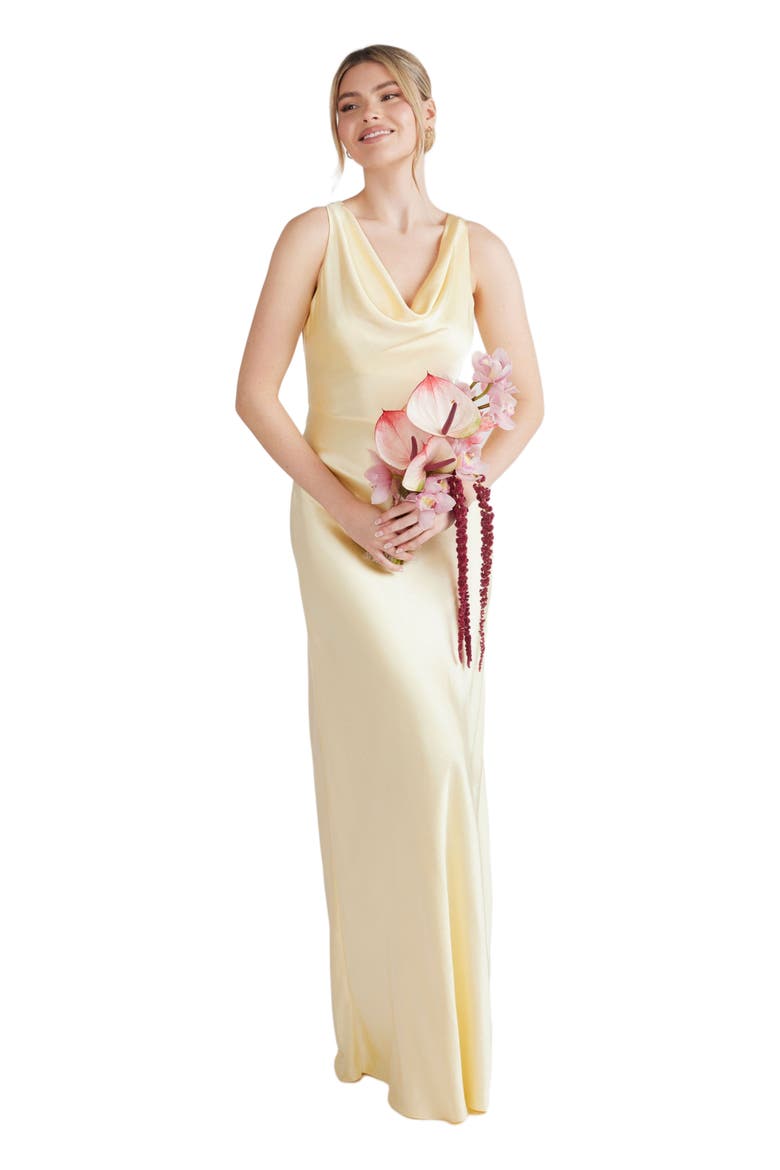 Cowl Front Satin Bridesmaid Dress, Main, color, Lemon