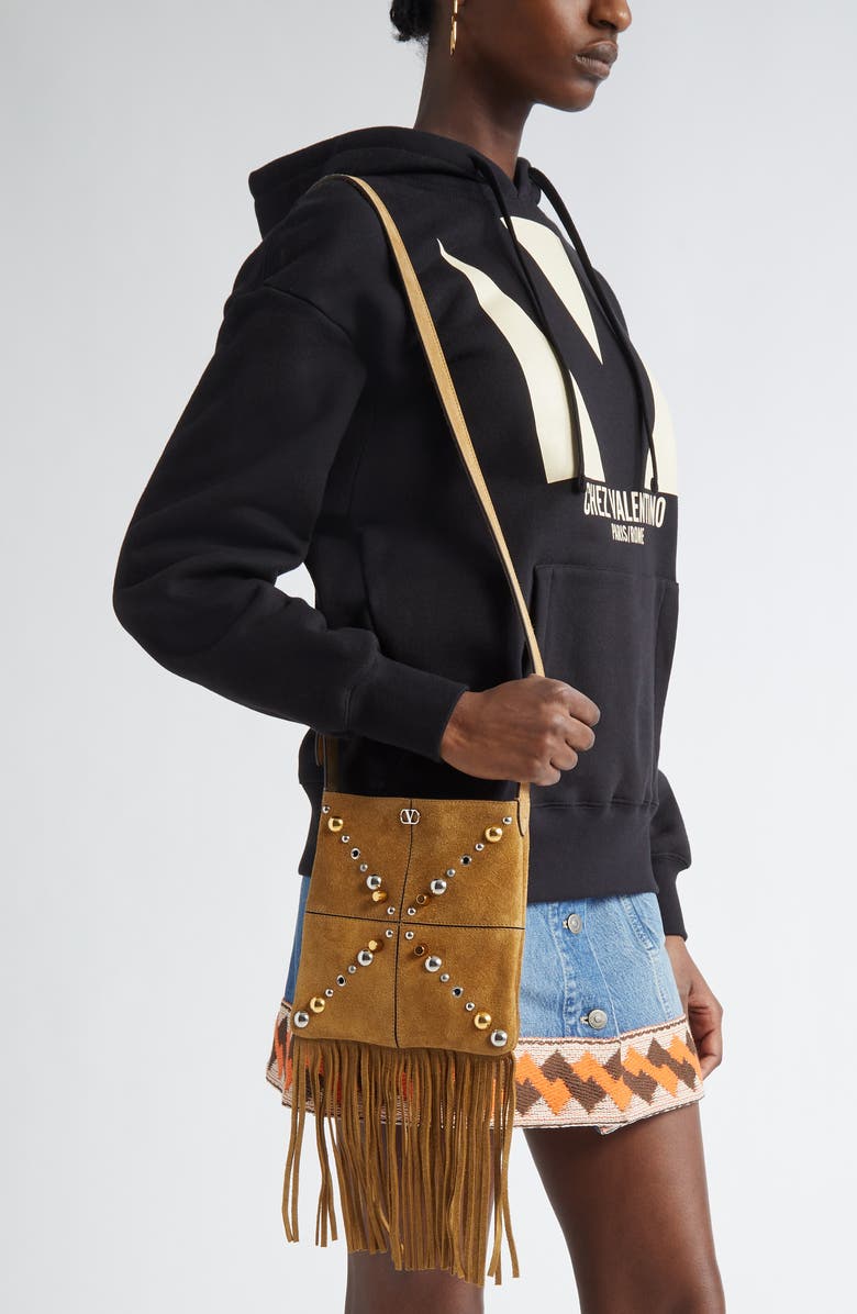 Valentino Garavani Small Nellcôte Fringe Stud Suede Crossbody Bag, Alternate, color, Beige