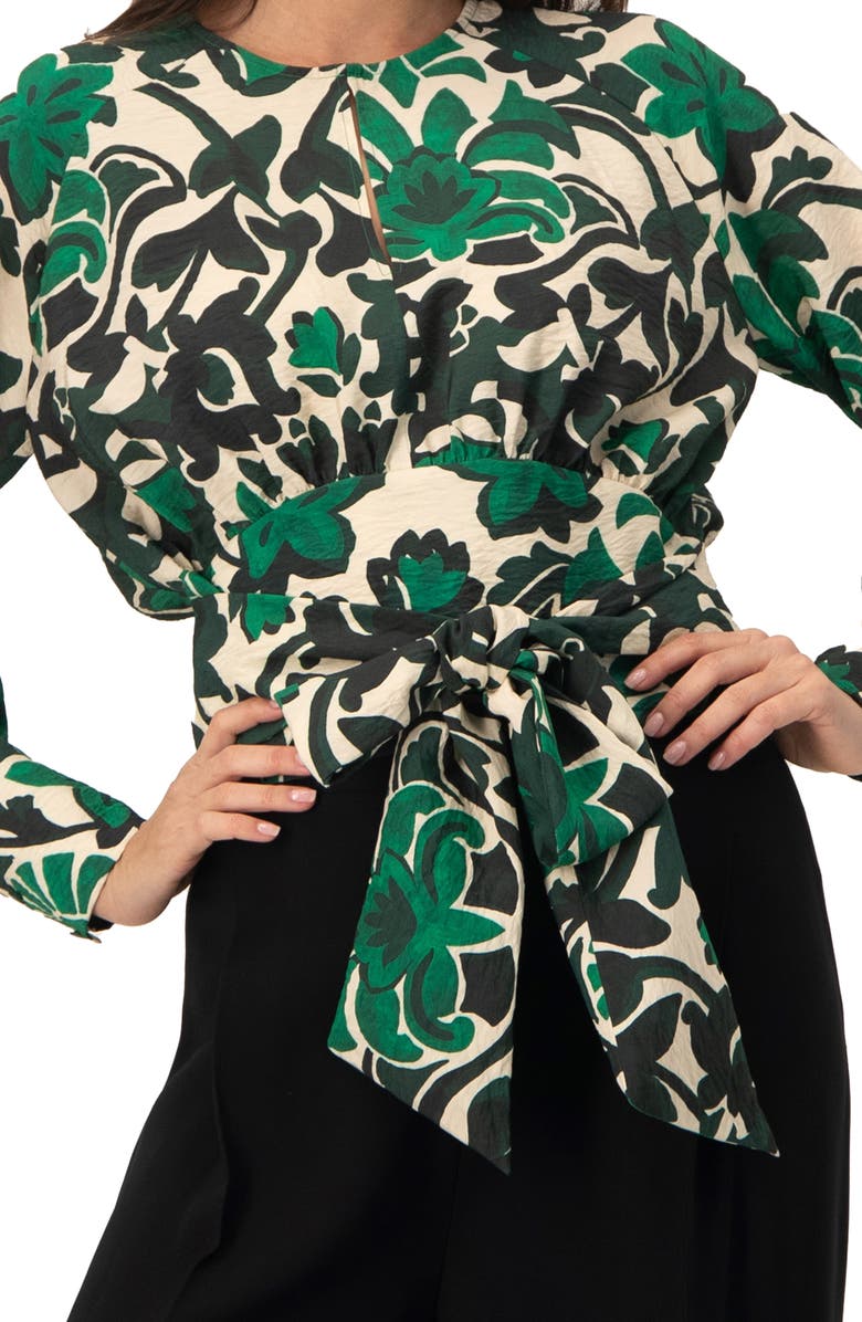 IVONNE Floral Print Blouse with Waist Tie and Keyhole Neckline, Alternate, color, Green