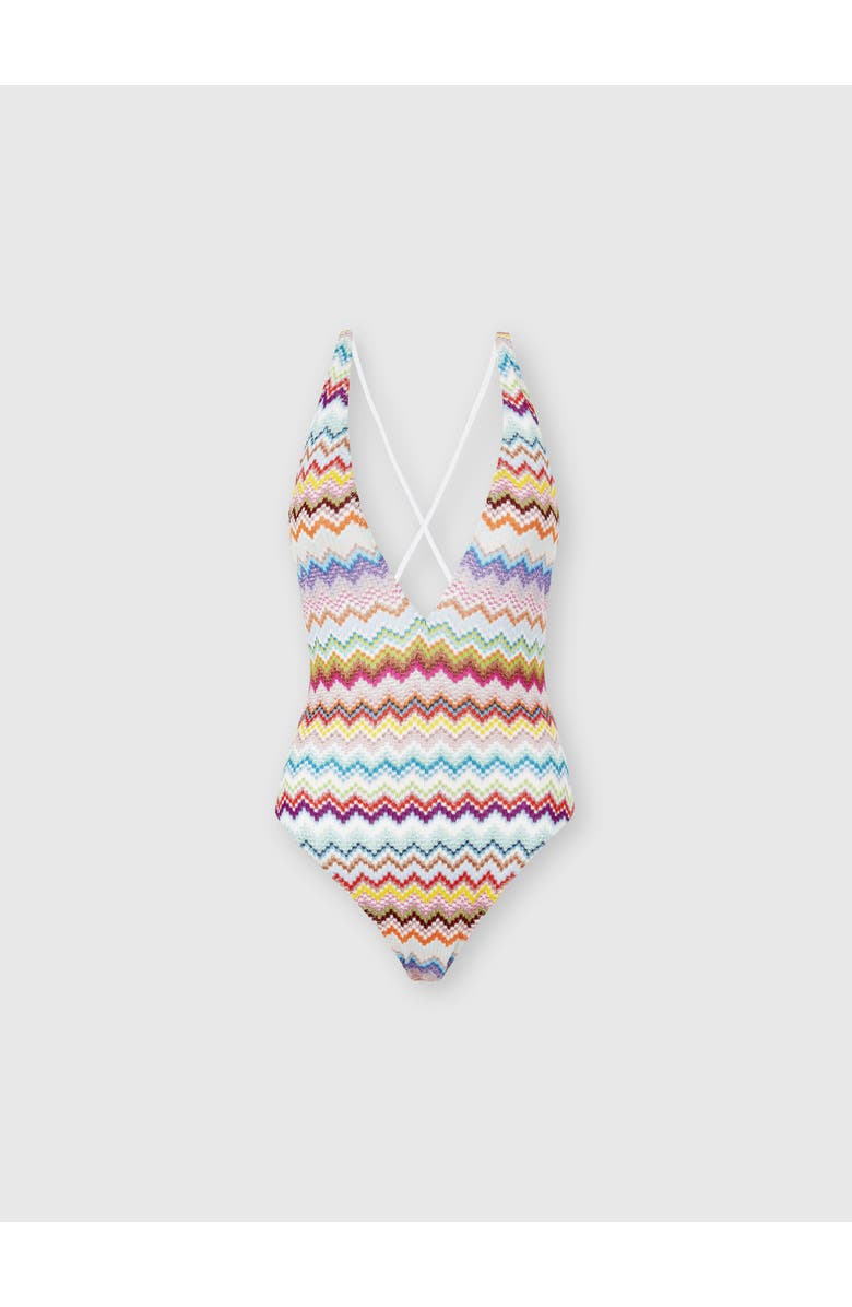 Missoni One-piece Swimsuit In Lamé Viscose With Pixel-effect Zigzag Pattern And V-neckline, Main, color, Multicoloured
