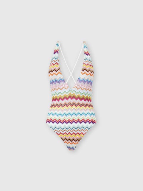 One-piece Swimsuit In Lamé Viscose With Pixel-effect Zigzag Pattern And V-neckline