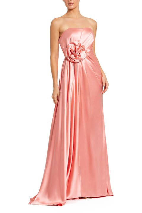 Elegant Strapless Satin Gown with Dimensional Floral Accent