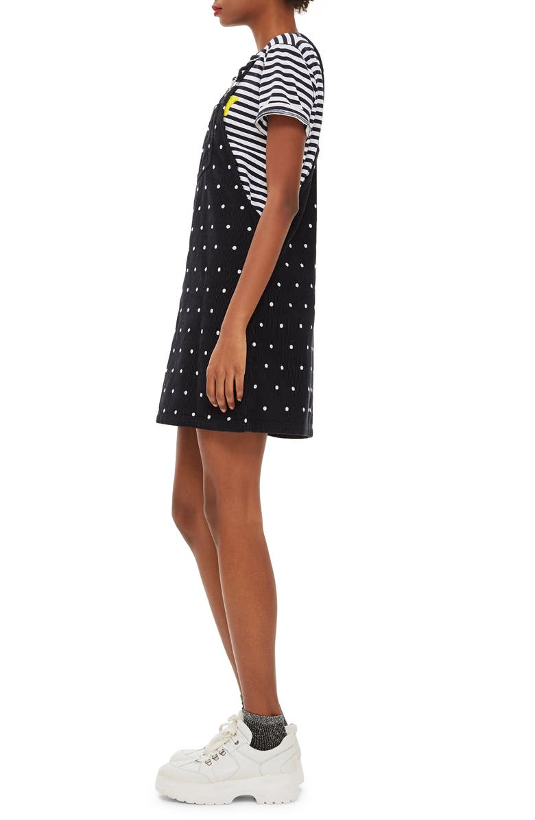 Topshop Polka Dot Corduroy Pinafore Dress, Alternate, color, 