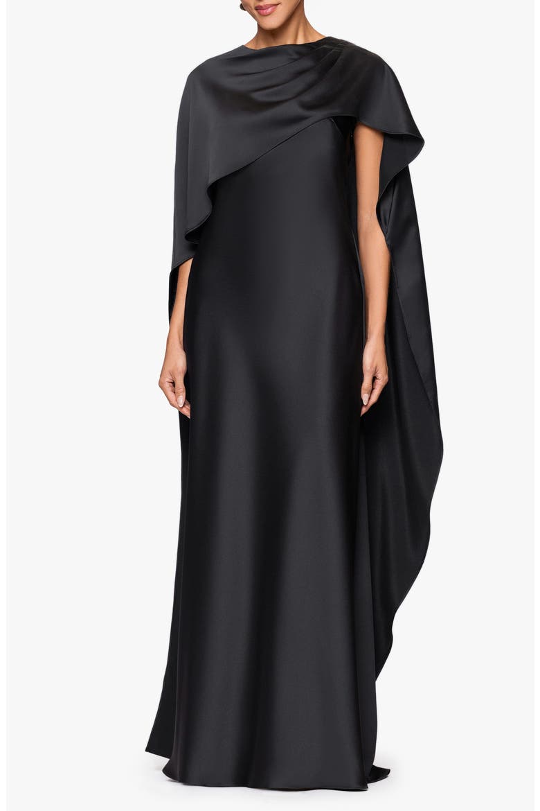 Cape Overlay Satin Gown, Main, color, BLACK