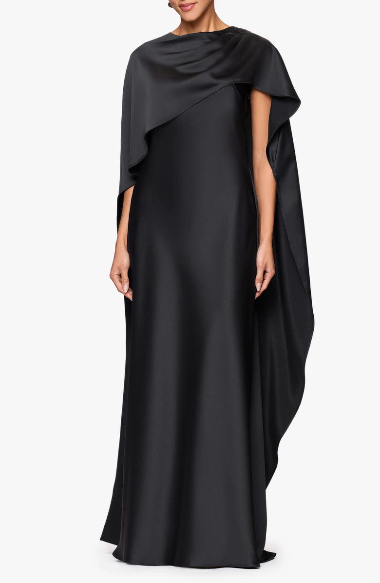 Xscape Evenings Cape Overlay Satin Gown, Main, color, Black
