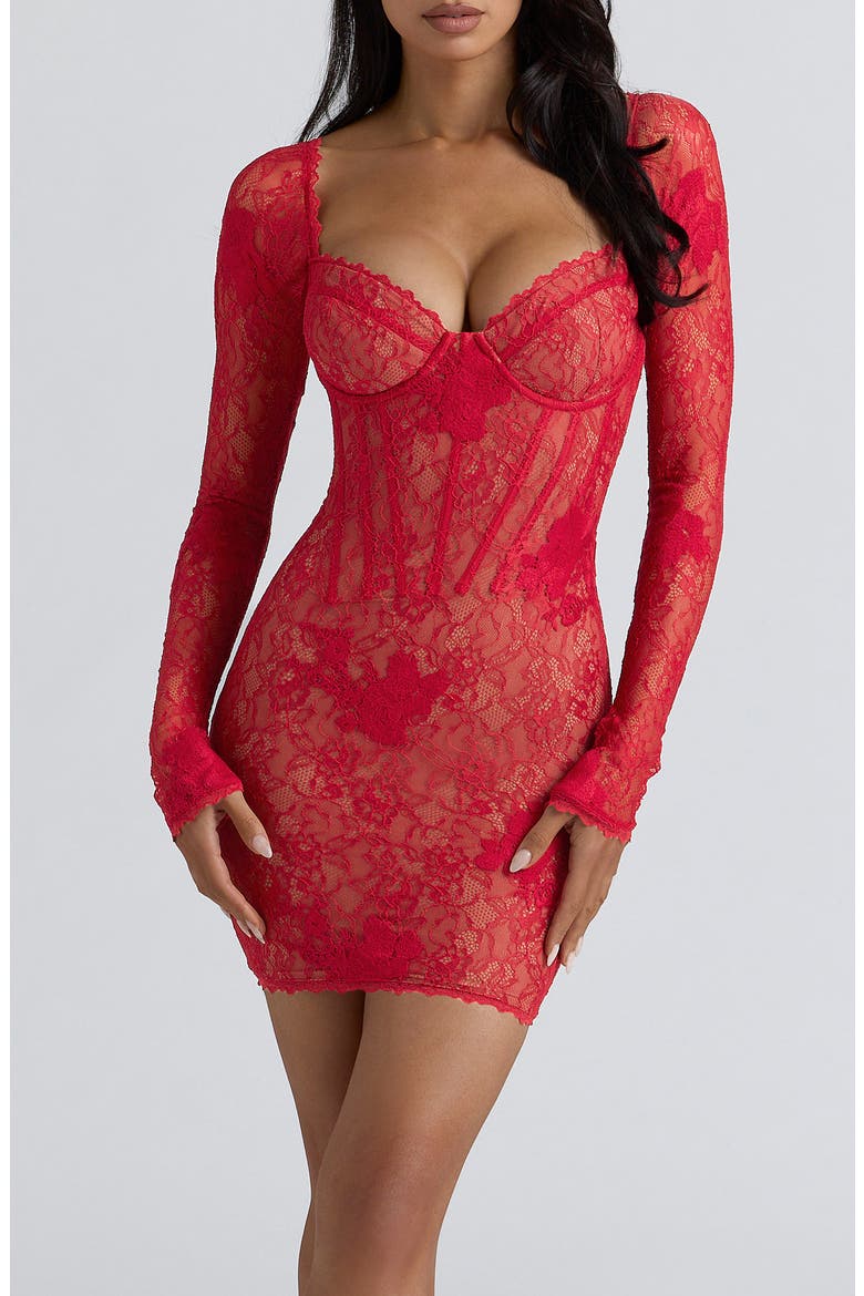 Lucienne Embroidered Long Sleeve Lace Minidress, Alternate, color, RED