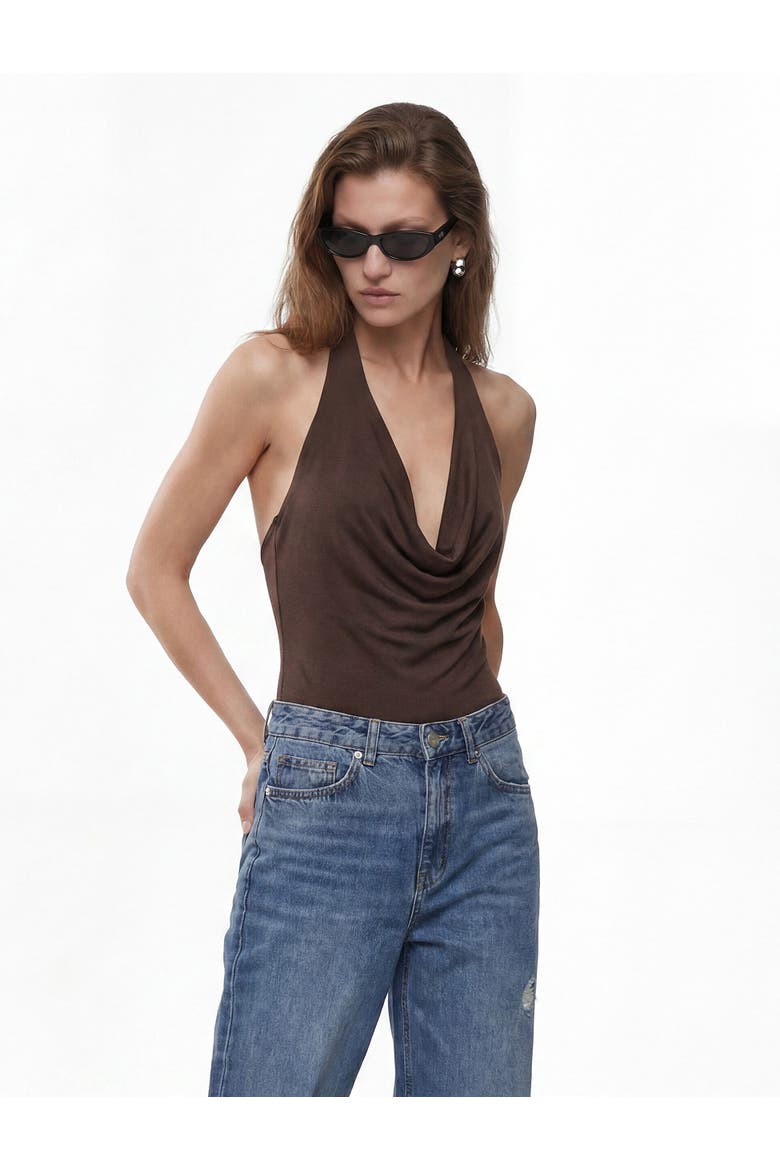 Halter Neck Drape Bodysuit, Alternate, color, BROWN