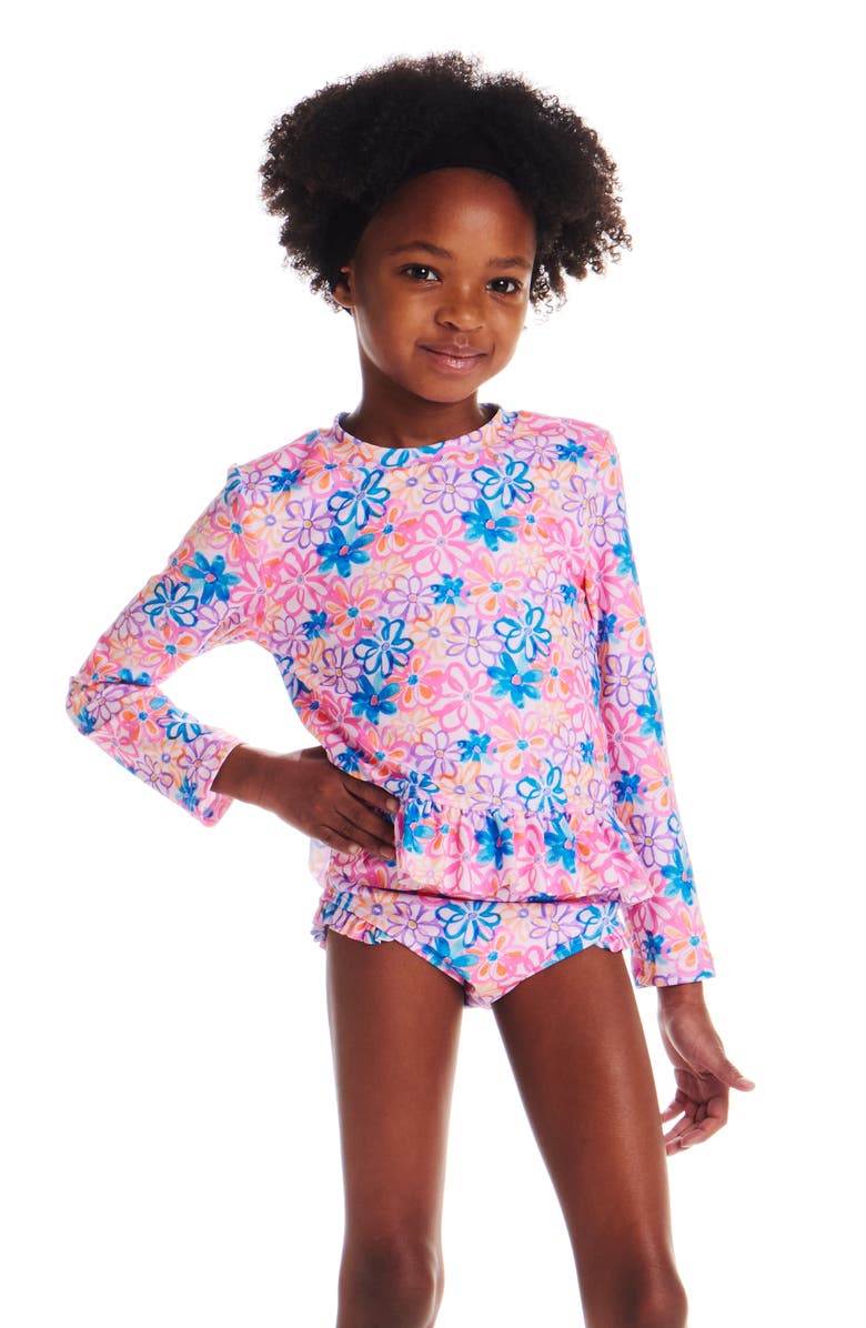 Andy & Evan Kids' Ruffle Long-Sleeve Rib Two-Piece Swimsuit, Alternate, color, Blue