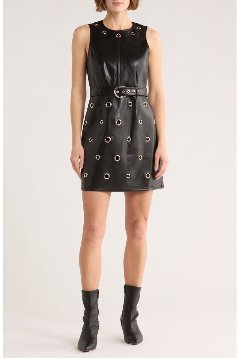 Harriet Grommet Belted Faux Leather Dress, Main, color, BLACK