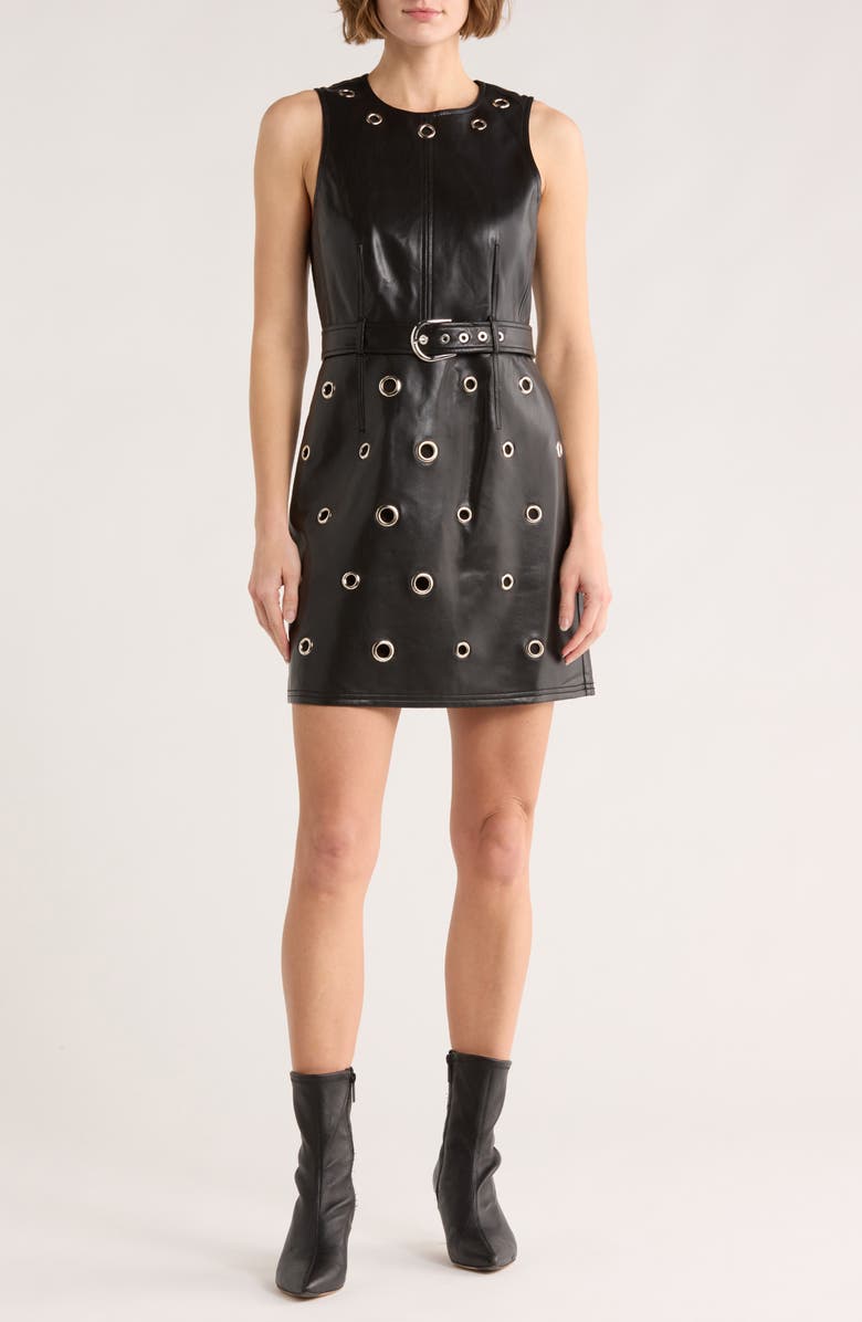 Cinq à Sept Harriet Grommet Belted Faux Leather Dress, Main, color, Black
