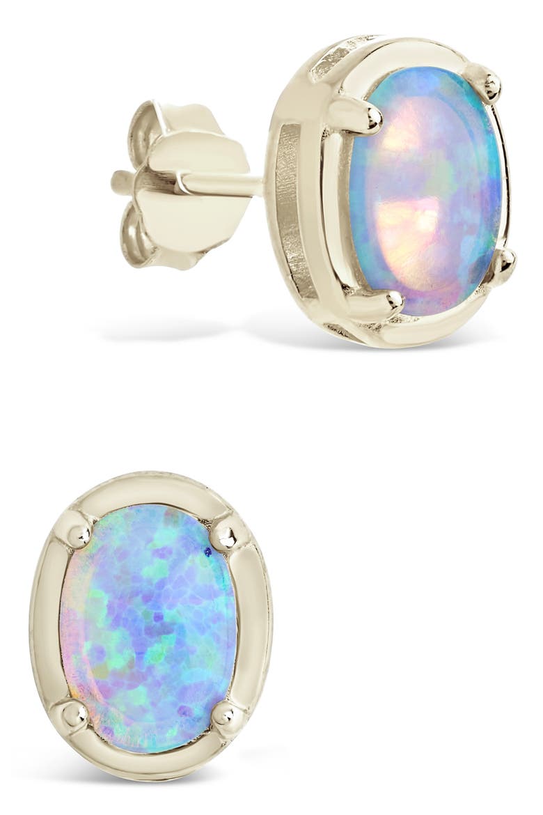 Blue Lab Created Opal Oval Stud Earrings, Main, color, SILVER
