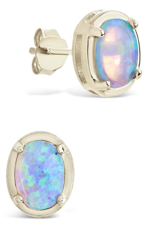 Blue Lab Created Opal Oval Stud Earrings
