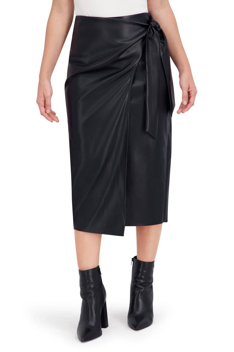 Supersoft Side Tie Faux Leather Midi Skirt, Main, color, BLACK