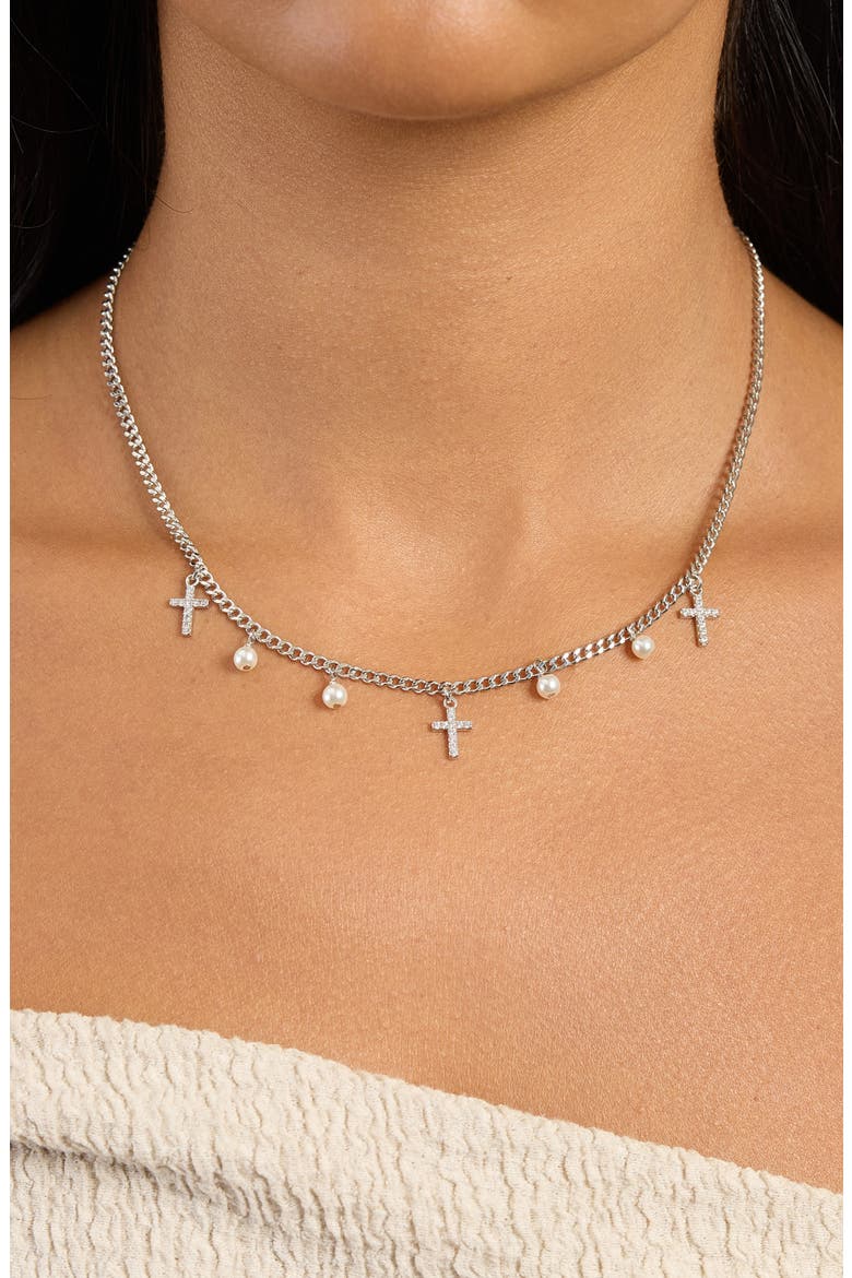 Imitation Pearl Pavé Cross Necklace, Alternate, color, SILVER