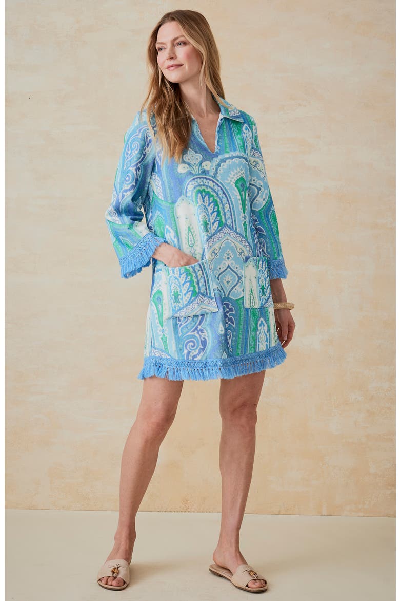Maya Fringe Trim Terry Tunic Dress, Alternate, color, GRASS/ LAPIS BLUE