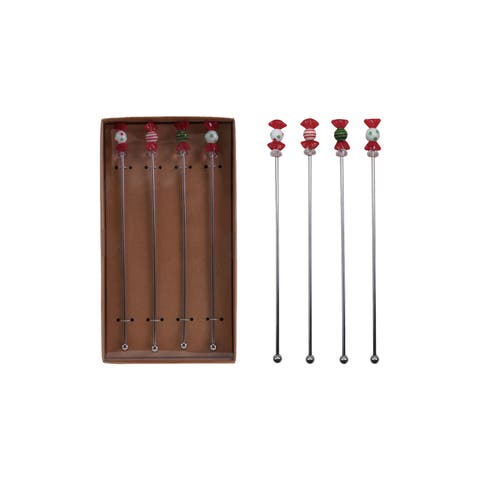 4-Piece Stainless Steel Cocktail Stirrers with Hand-Blown Glass Candies, Multicolor