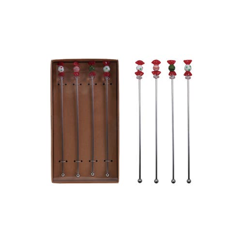 Storied Home 4-piece Stainless Steel Cocktail Stirrers With Hand-blown Glass Candies, Multicolor In Red