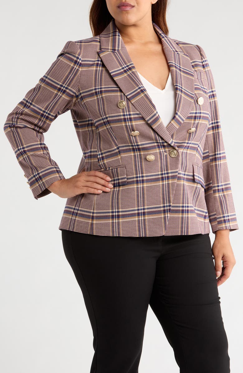Tahari ASL Plaid Double Breasted Jacket, Alternate, color, Tan Plum