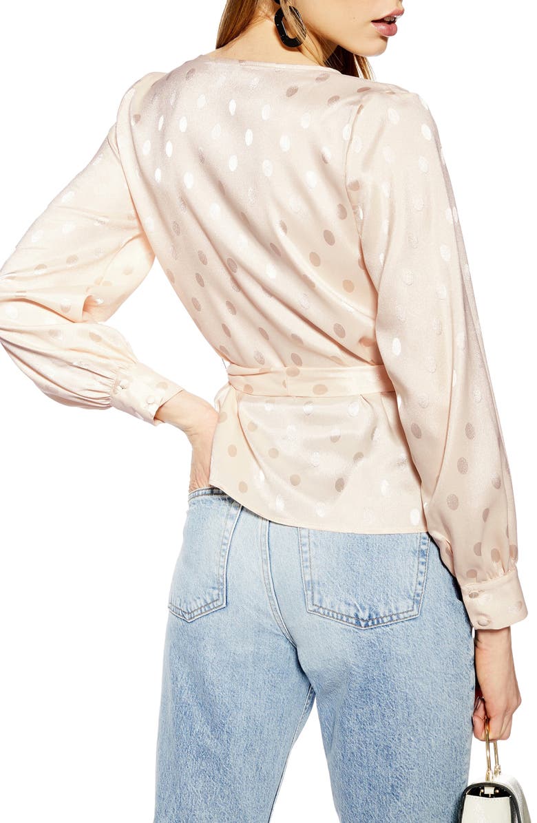 Topshop Spot Jacquard Belted Top, Alternate, color,