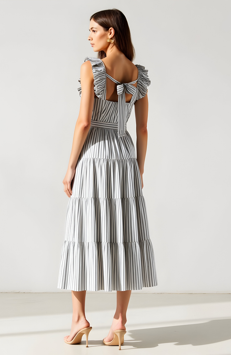 Modenaire Striped Tiered Midi Dress with Ruffle Sleeves and Front Waist Tie, Alternate, color, 