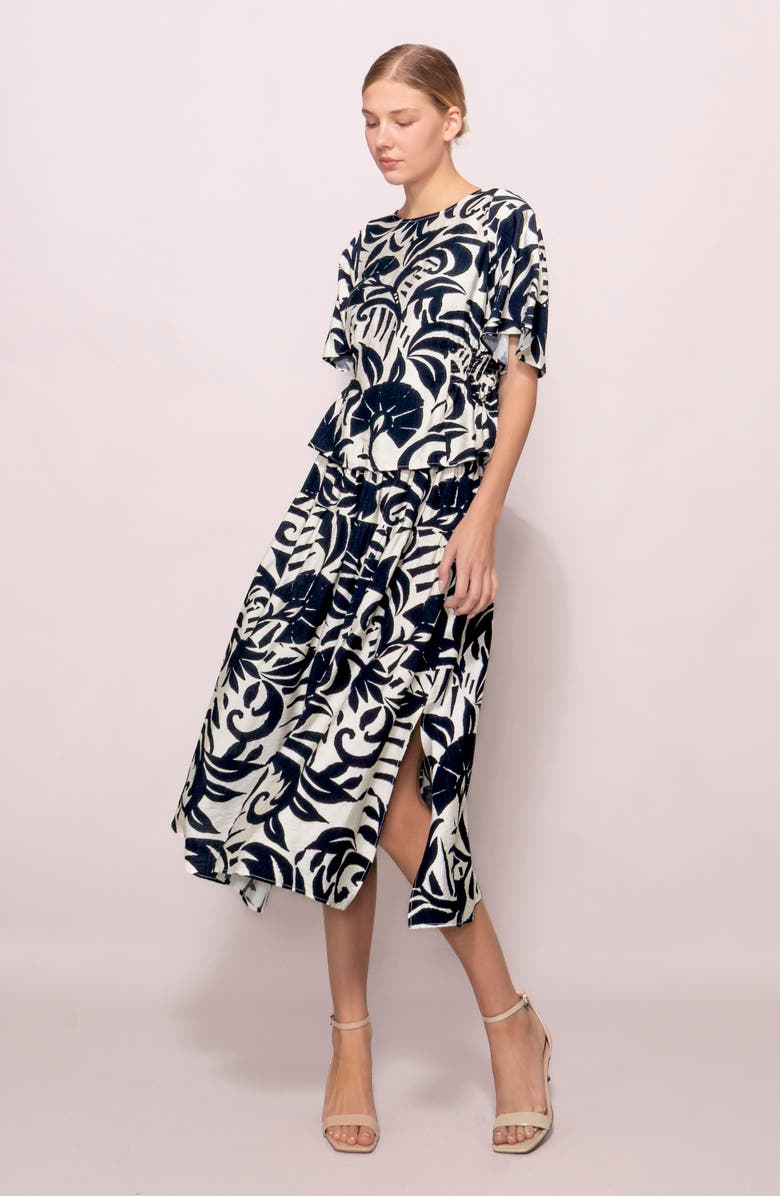 MELLODAY Smocked Waist Short Sleeve Top, Alternate, color, Navy/ White