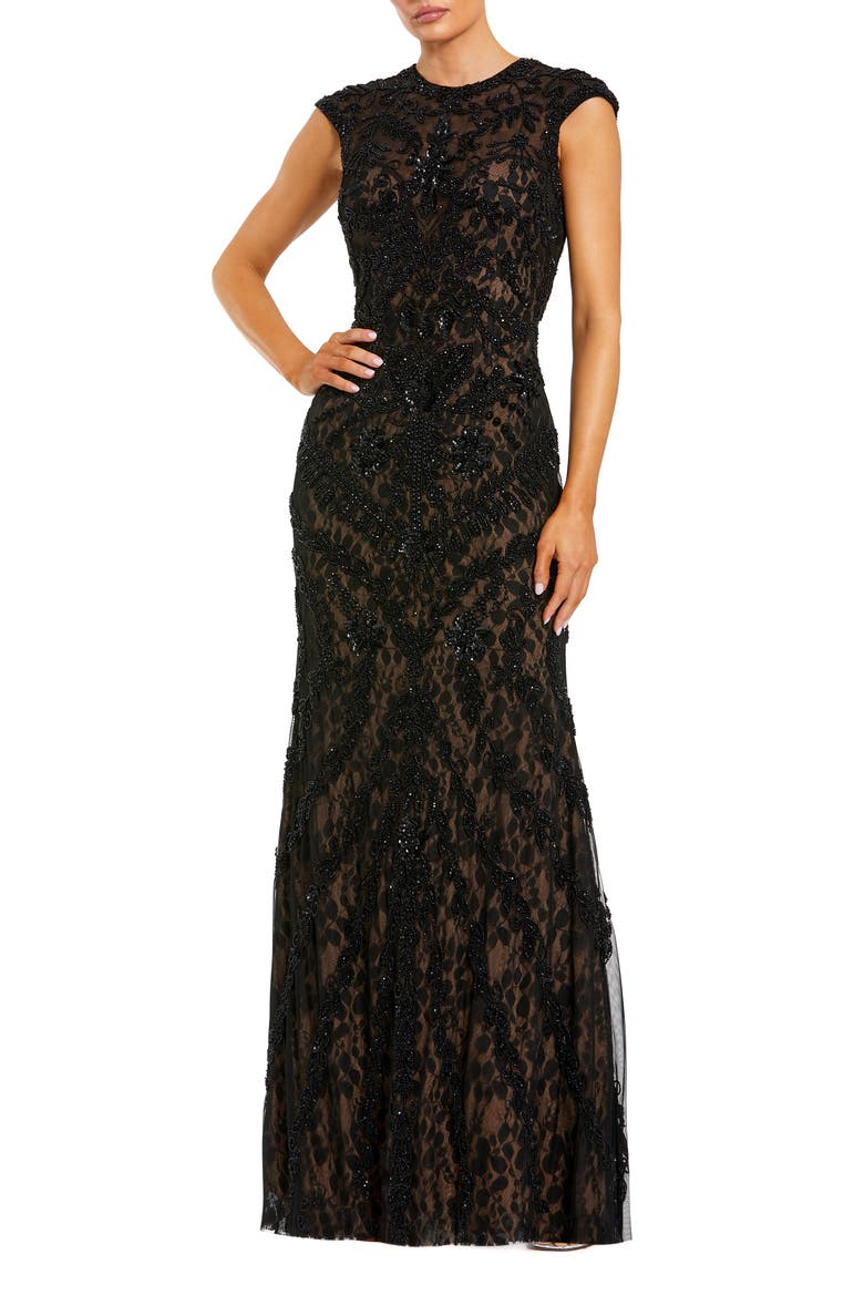Petite Beaded Lace Mesh High-Neck Sleeveless Column Gown, Main, color, Black Nude