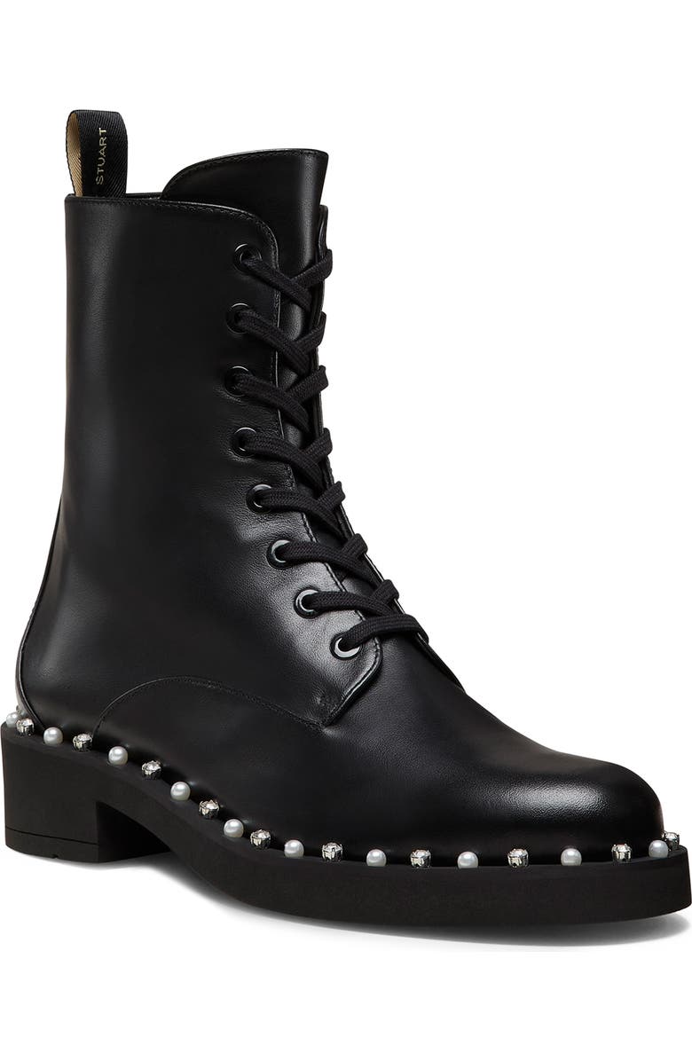 Stuart Weitzman Reverie Lace-Up Bootie, Main, color, Black