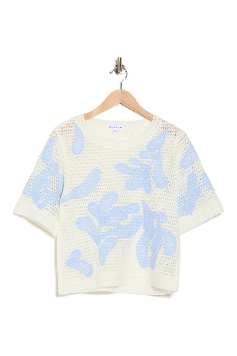 Embroidered Short Sleeve Sweater, Alternate, color, IVORY/ BABY BLUE