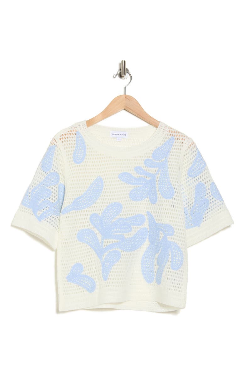 Gemma + Jane Embroidered Short Sleeve Sweater, Alternate, color, Ivory/ Baby Blue