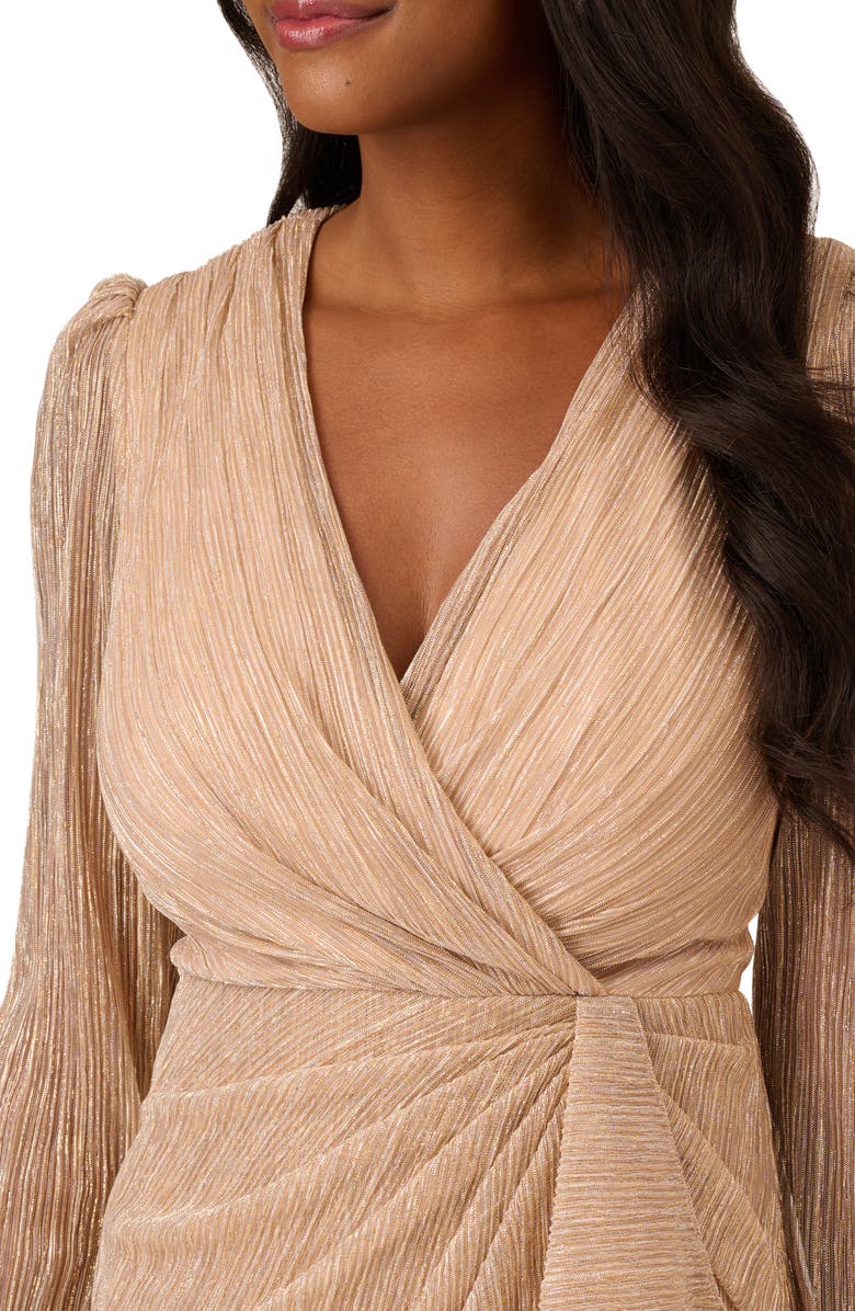 Adrianna Papell Draped Metallic Long Sleeve Mesh Faux Wrap Dress, Alternate, color, 