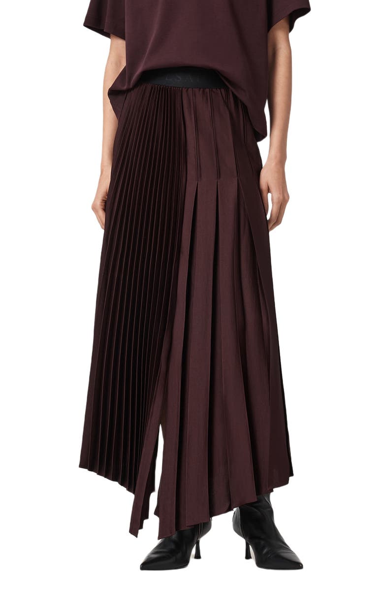 AllSaints Jax Pleated Maxi Skirt, Main, color, Oxblood Red