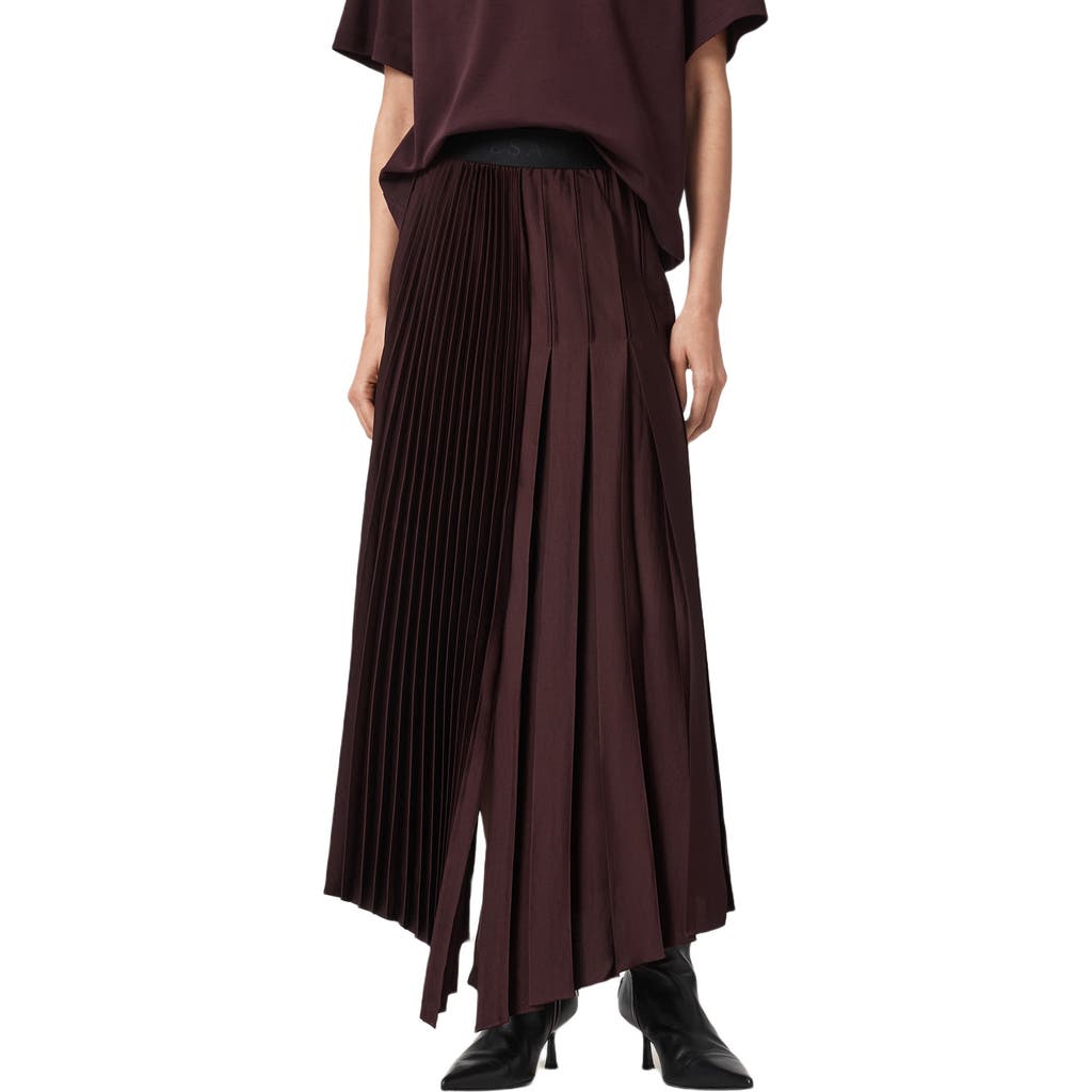 Allsaints Womens Oxblood Red Jax Pleated Satin Midi Skirt In Burgundy