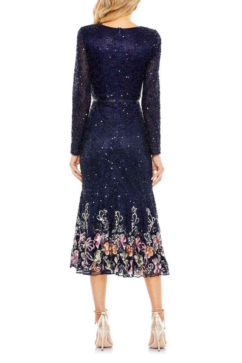 Faux Wrap Long Sleeve Tea Length Dress, Alternate, color, MIDNIGHT