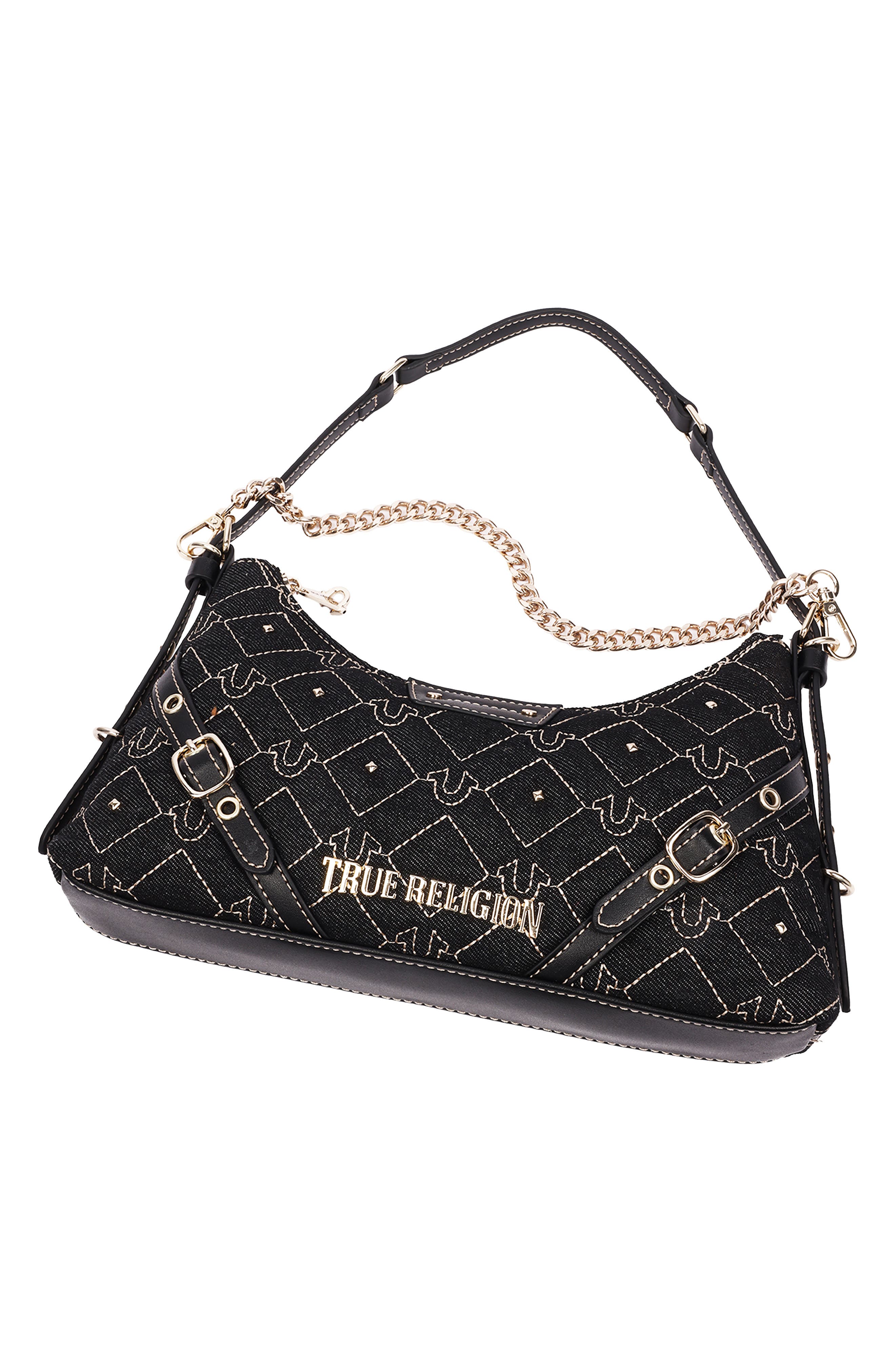 Studded Denim Shoulder Bag, Alternate, color, BLACK