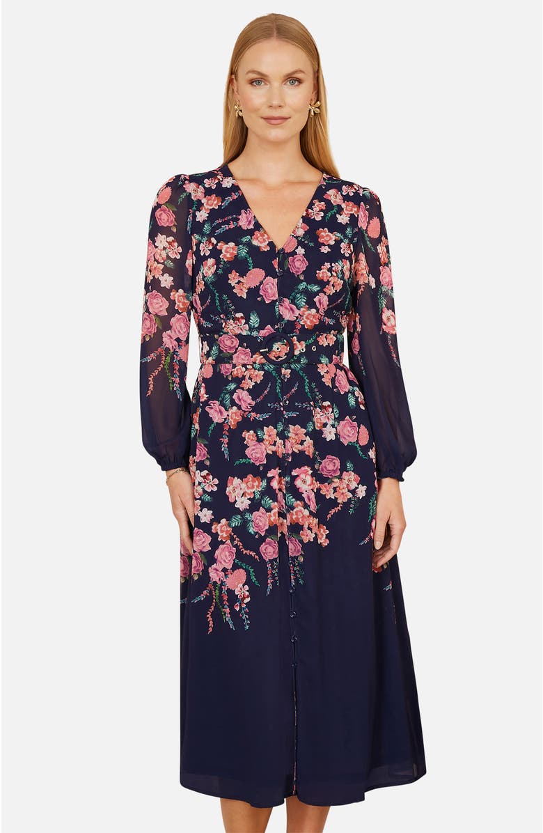 Yumi Belted Floral Midi Dress, Alternate, color, Navy