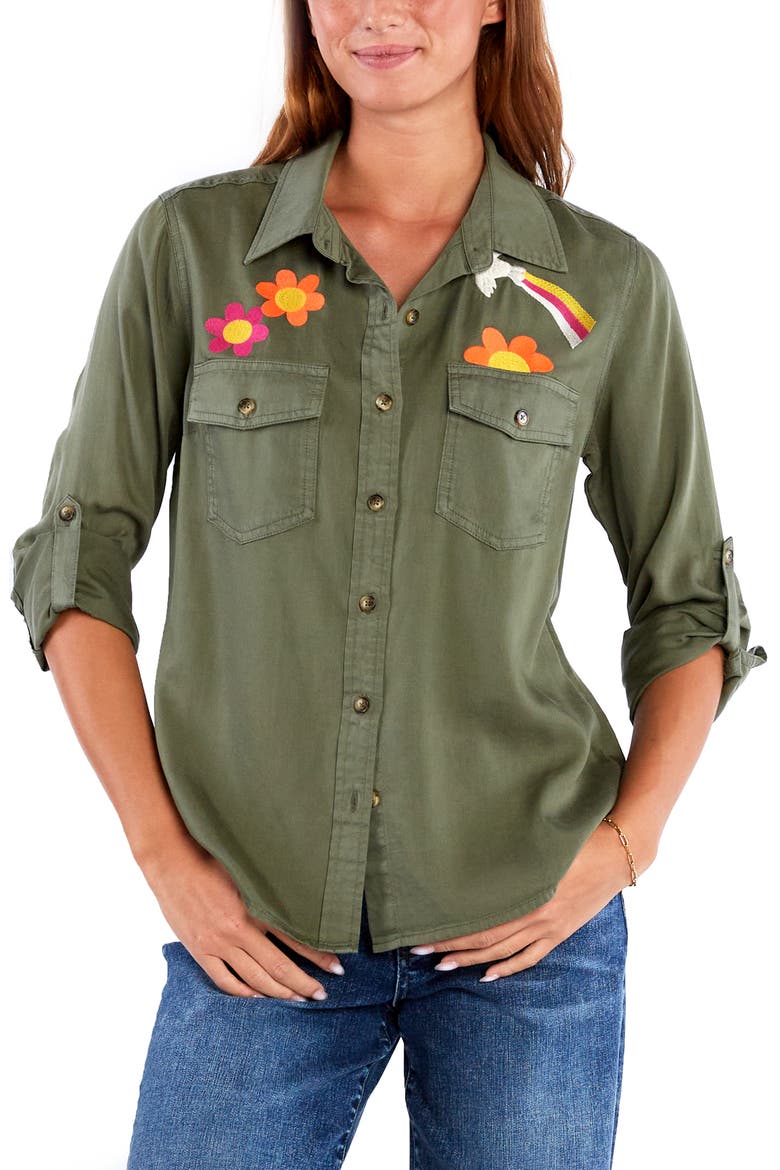 Peace & Love Embroidered Button-Up Shirt, Main, color, SOFT OLIVE