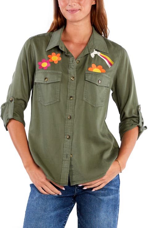 Peace & Love Embroidered Button-Up Shirt