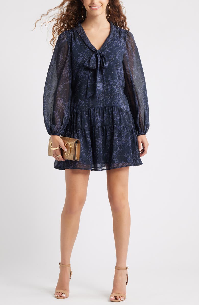 Chelsea28 Metallic Tie Neck Long Sleeve Tiered Dress, Alternate, color, Navy Sara Snake