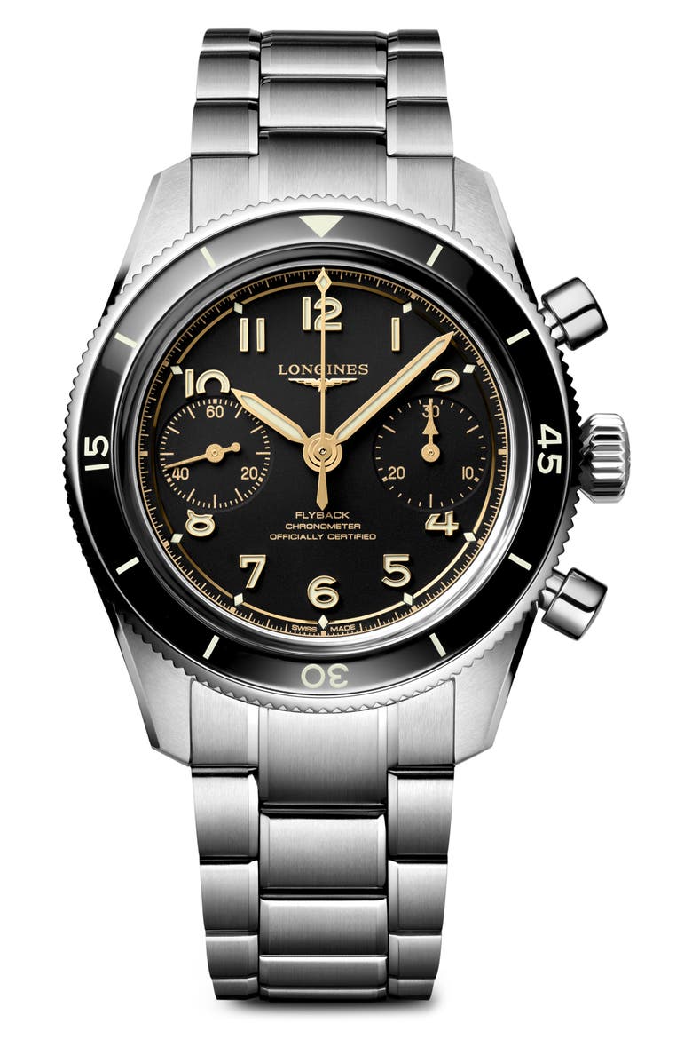 Spirit Pilot Flyback Chronograph Bracelet Watch, 39.5mm, Main, color, BLACK