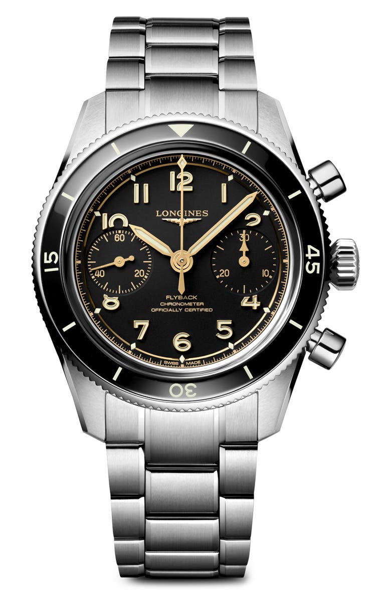 Longines Spirit Pilot Flyback Chronograph Bracelet Watch, 39.5mm, Main, color, Black