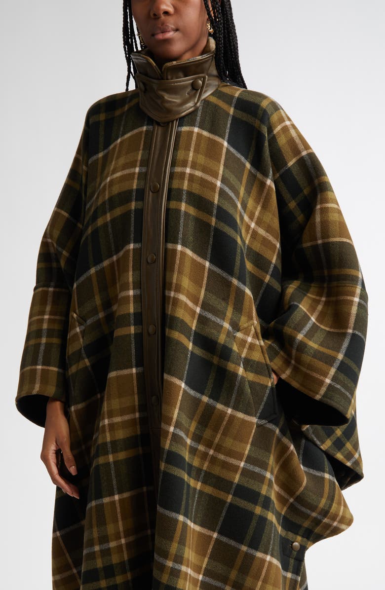 Chloé Check Double Face Wool & Leather Long Cape Coat, Alternate, color, 