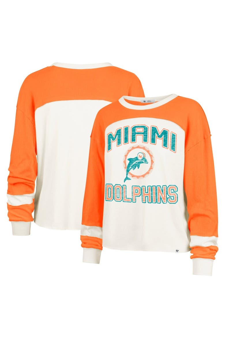 Women's '47 Cream Miami Dolphins Double Header Curve Raglan Long Sleeve Crop Top, Alternate, color, Cream