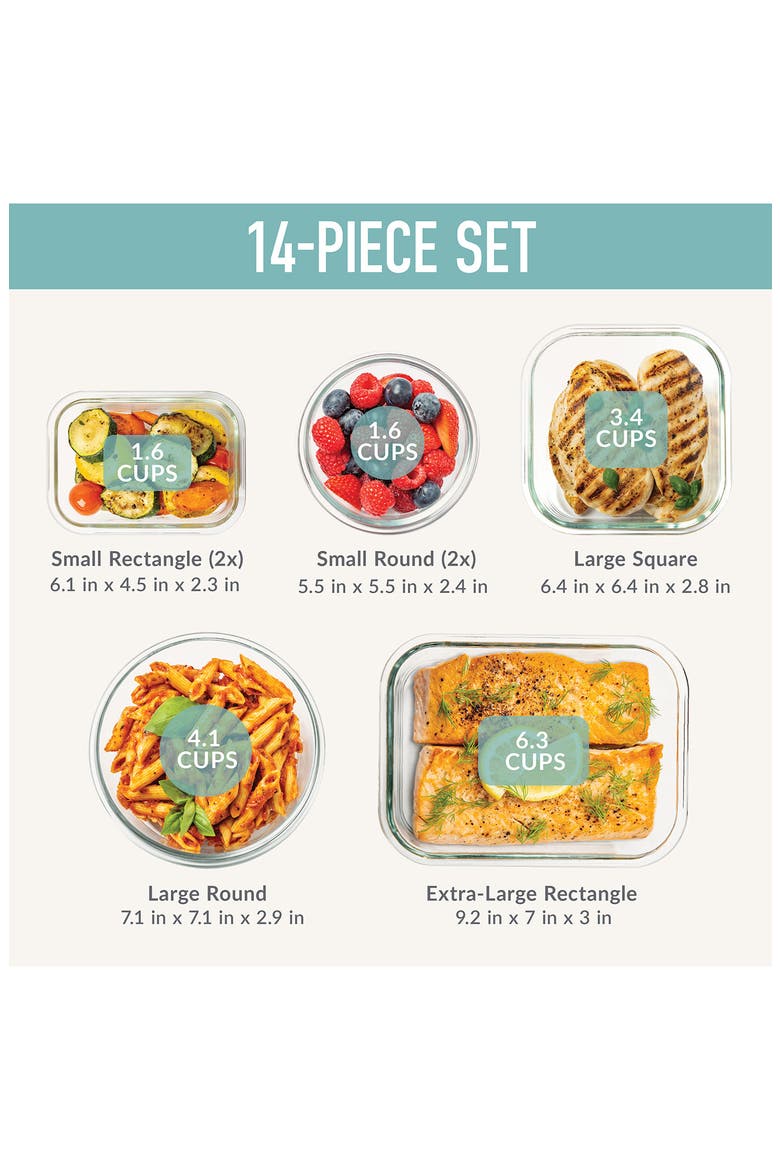 14-Piece Leak Proof Glass Food Storage Set, Alternate, color, AQUA