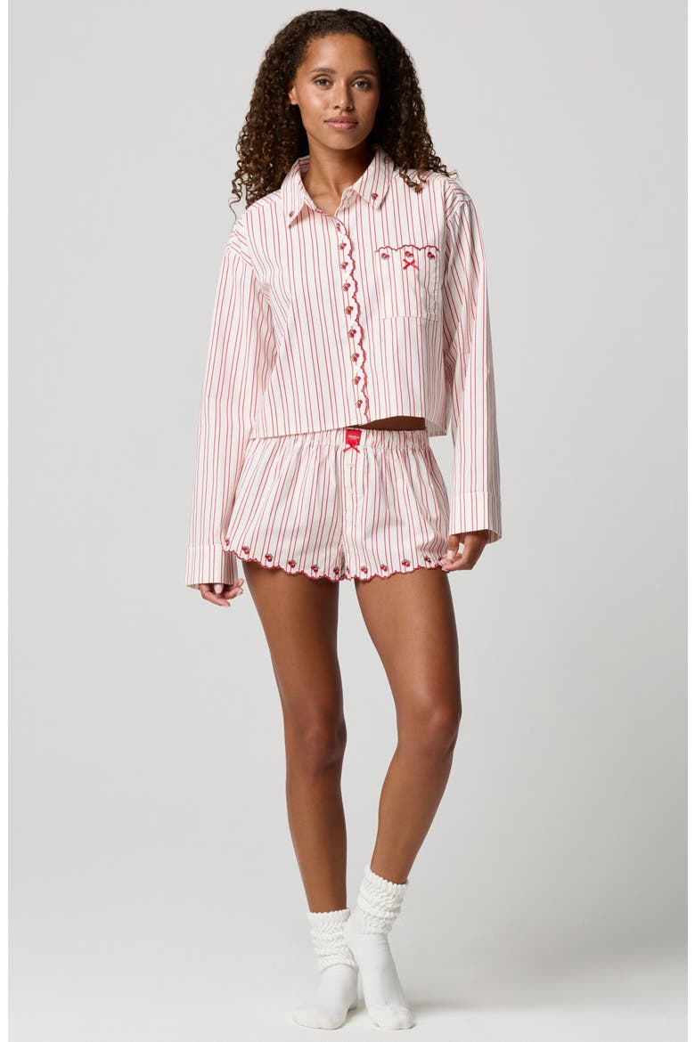 Cherry Stripe Crop Button-Up Shirt, Alternate, color, CHERRY SCALLOP