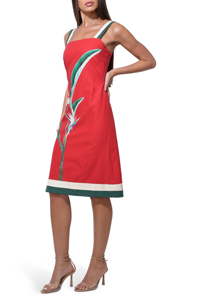 Adelyn Rae Bird of Paradise Print Cotton & Linen Midi Dress, Alternate, color, Red