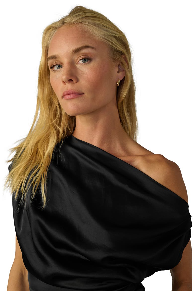 The Isla Drape One-Shoulder Satin Top, Alternate, color, BLACK