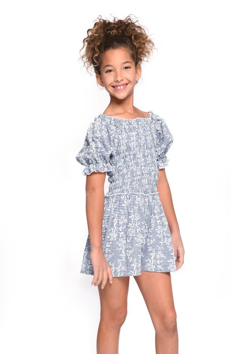 Hannah Banana Puff Sleeve Smocked Romper, Alternate, color, Blue Multi