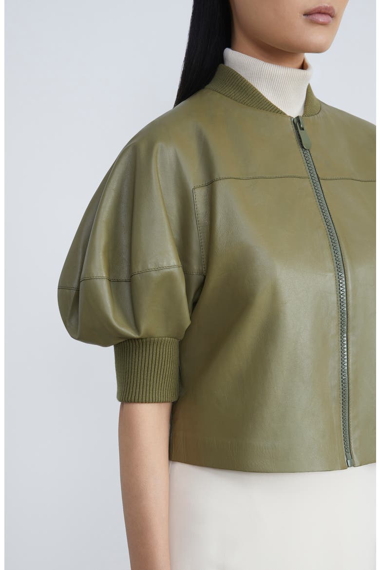 Lantern Sleeve Leather Crop Jacket, Alternate, color, TARRAGON