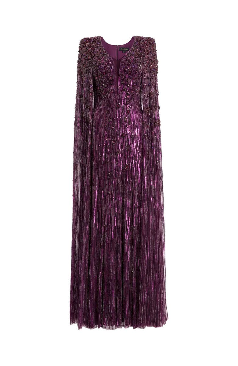 Jenny Packham Sweet Silva Beaded Cape Maxi Dress, Main, color, Purple Muscadine