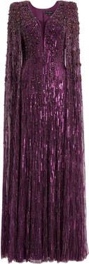 Jenny Packham Sweet Silva Beaded Cape Maxi Dress